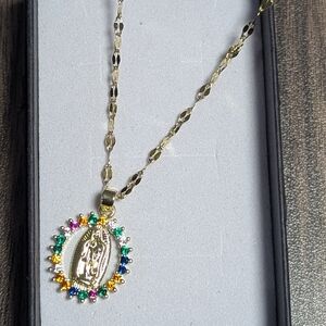Elegant Gold Multicolor Pendant Necklace With Virgen De Guadalupe Color Gold